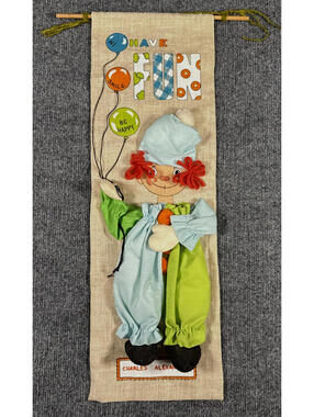 Vintage Clown Felt Fabric & Hand Painted Wall Art, Happy Face, Holding Balloons